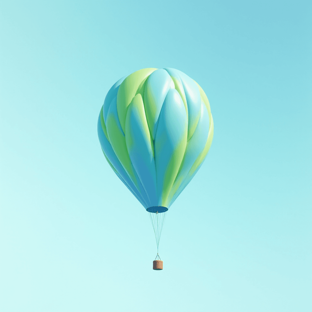 A colorful hot air balloon with green and blue patterns floats in a clear blue sky.