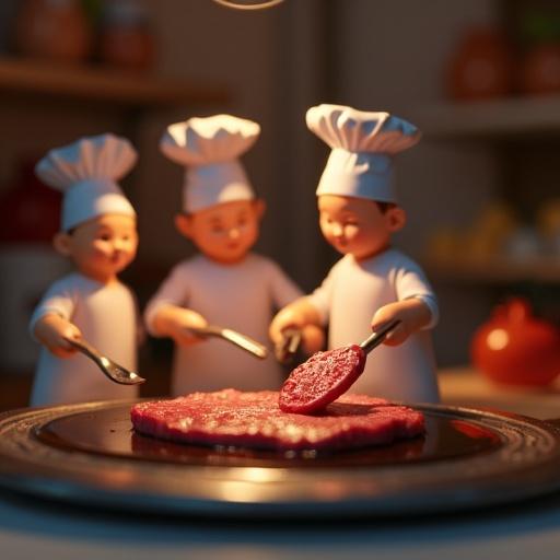 Miniature characters are cooking a steak in a warm illuminated kitchen. Chefs are using spoons and working together on a single plate. The kitchen is stylized and 3D modeled.