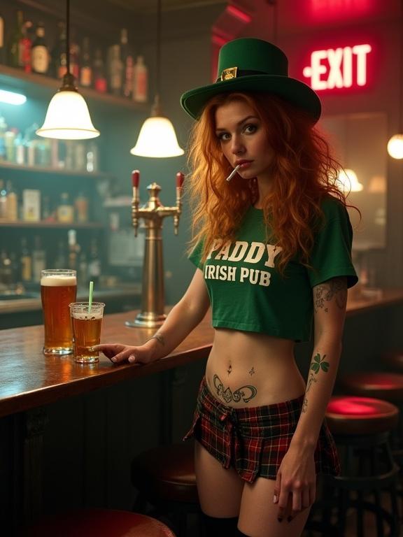 Photograph depicting a smoke filled dive bar. Foreground features a pale-skinned, skinny, freckled redhead woman with curly hair at the bar. She holds a pint of guinness in her right hand and a cigarette in her left. Wearing a leprechaun hat, cropped t-shirt saying 'PADDY IRISH PUB,' short plaid skirt, thigh-highs. Midriff is exposed showing a four leaf clover tattoo. Bar counter shows metal beer tap, glass, cup with straw. Pendant lights hang above, background includes shelves and an 'EXIT' sign. Woman slightly right of center, capturing casual atmosphere with bar interaction.