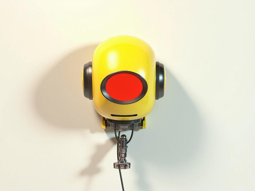 3d rendering of a yellow robot head on a white wall. Robot has a modern design with a polished surface. Bright yellow color stands out against white background. A large red camera lens is visible on the head. Robotic arm is positioned to the right, extending long legs. Design is simple and eye-catching.