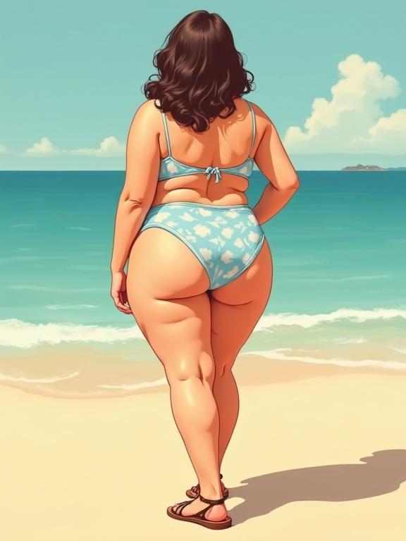 Pinup model in a bikini standing on the beach. Young woman viewed from behind, showing curvy figure. Illustration in pastel colors with a vintage feel. Sandals on feet, beach and ocean in background.