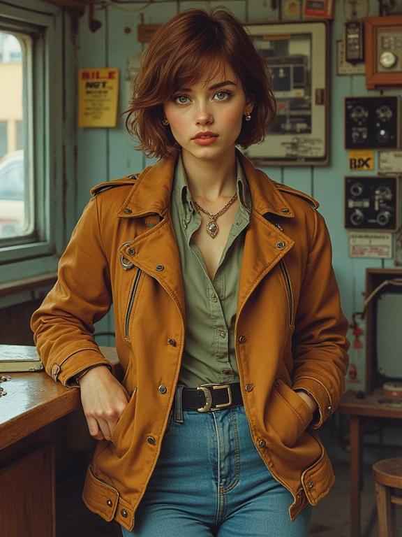 Portrait of a young woman in her early twenties with green eyes and auburn short hair. She has an athletic yet nerdy appearance. Dressed in a torn brown aviator jacket and jeans, she embodies a fierce attitude. Set in a warm summer environment within an old electronic repair shop in Santa Monica. The portrait captures a 70’s vibe reminiscent of Boris Vallejo or Luis Royo.