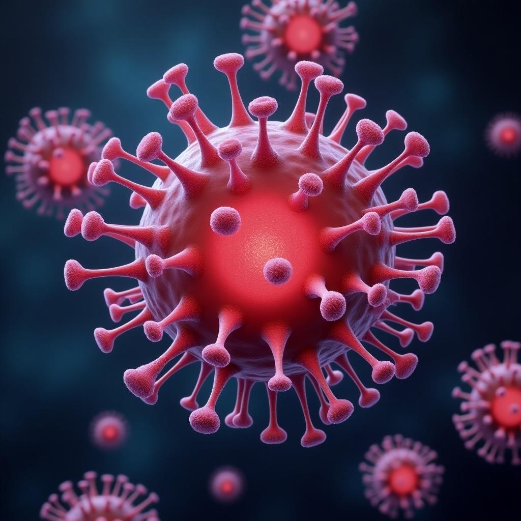 The image depicts a close-up of a virus, represented in a vivid, detailed manner. The structure is spherical with numerous spikes protruding from its surface. This illustration highlights the intricate details of the virus's morphology. The background is dark, allowing the virus to stand out brightly. Such images are commonly used in medical literature to explain infections, specifically focusing on immune responses related to bacteria and viruses.