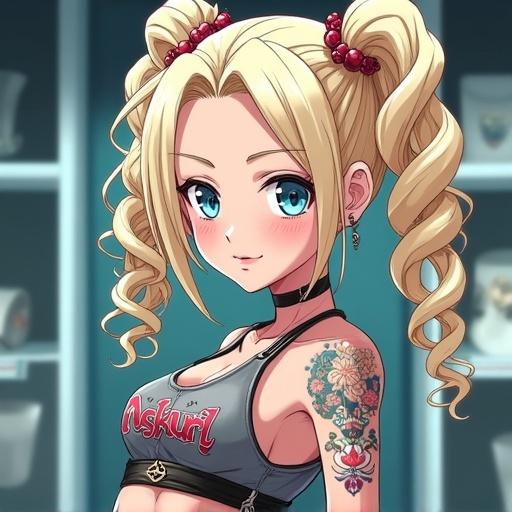 Anime woman with extremely large light blonde curly pigtails wearing a graphic tank top and belted short shorts. The character is styled in a semi-futuristic manner with vibrant tattoos and accessories. She has a strong physique and is situated in a luxurious jewelry shop with a modern aesthetic.