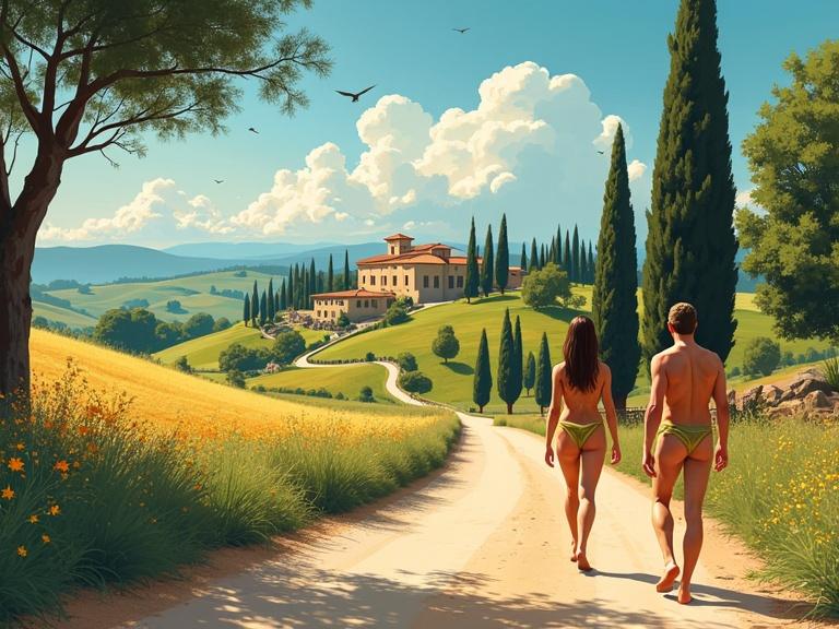 Summer landscape featuring figures walking along a dirt road towards a villa. Colorful and vibrant scene with Italian cypress trees and a scenic background.