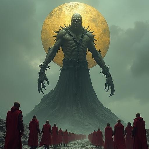 Gigantic statue of an emaciated eldritch horror with a flat golden disk head. Skeletal face bound in chains to a mountain. Red-robed men worshiping the statue. Scene illustrates dark, atmospheric fantasy world.