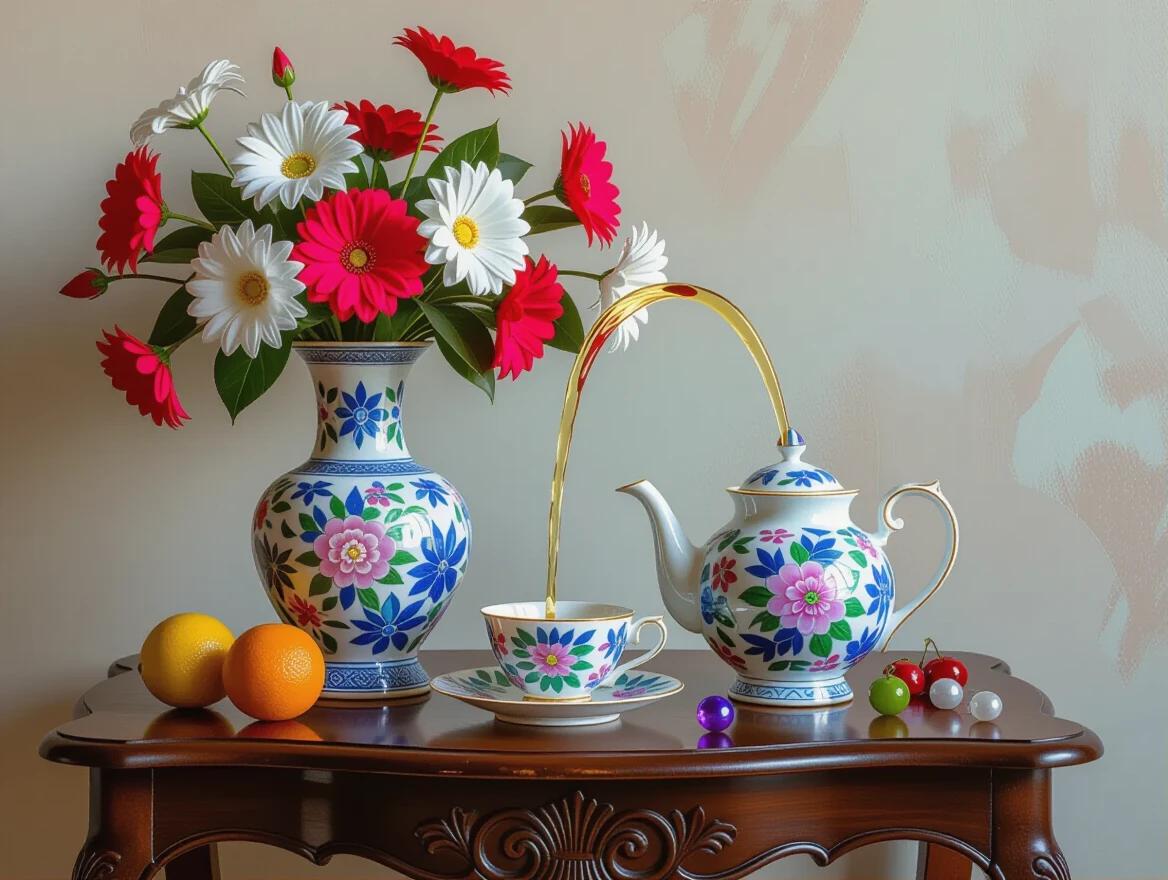Surreal still life featuring colorful flowers in a vase on dark carved wood table. Elegant porcelain teapot pours viscous bubbling liquid chrome in an abstract pattern with sharp spikes. Table adorned with vibrant fruit and gems.