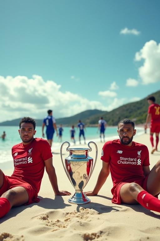 Image depicts two Liverpool football players sitting on a beach. Premier League trophy placed between them. Chelsea team visible playing in background. Bright sunny day on sandy beach.