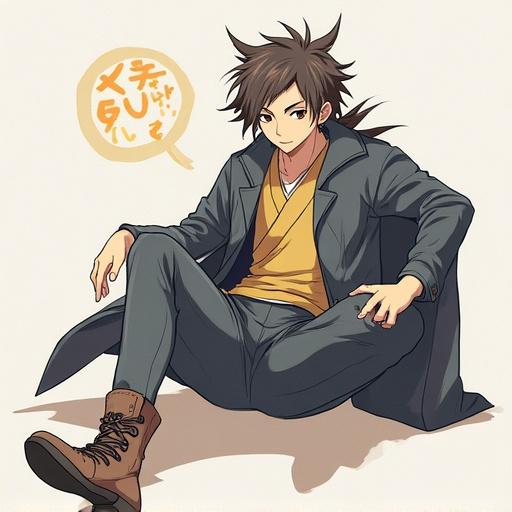 Stylized character illustration of a young male with spiky hair sitting casually. He wears a beige top with a dark coat and brown boots. The character has a confident expression and a relaxed pose.