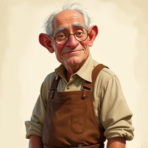 Character design sheet of an elderly clockmaker named Elias. Aged in his seventies. Kind but weary face with deep wrinkles. Wispy white hair. Small round spectacles adorn his face. He wears a brown leather apron over a simple shirt. His skilled hands are depicted in detail. Style resembles a realistic Pixar character. The background is neutral.