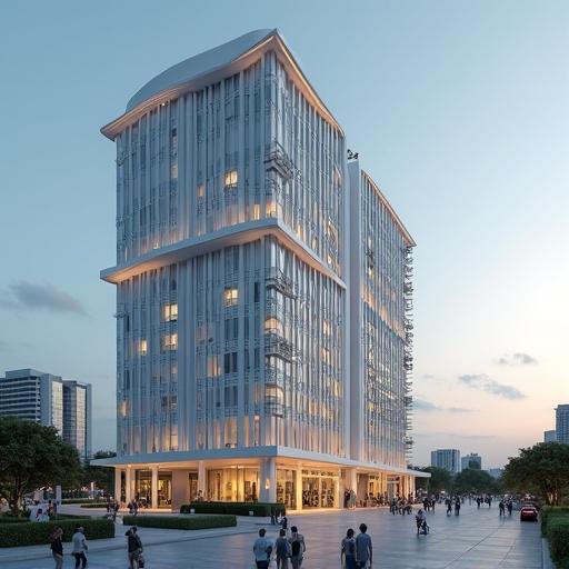 Massive hotel designed for the year 2025 featuring unique architecture. Design diverges from standard styles and emphasizes height.