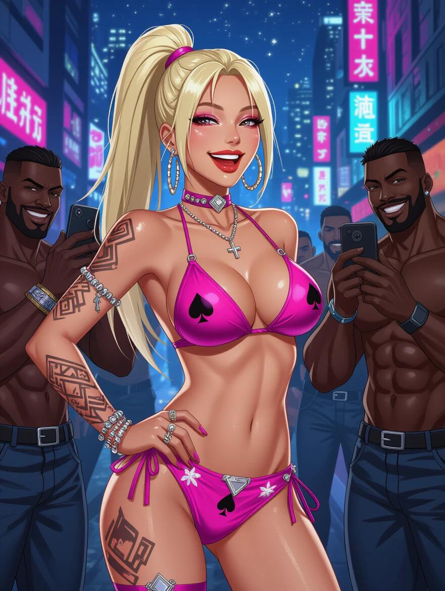 A cyberpunk model with a slim waist and high ponytail wearing a bright pink bikini. The model has bright makeup and queen of spades tattoos. The scene is set on a night city street with neon lights. She stands with her hand on her hip, laughing slightly. Surrounded by muscular men holding phones and smiling slyly. The style is comic-like.