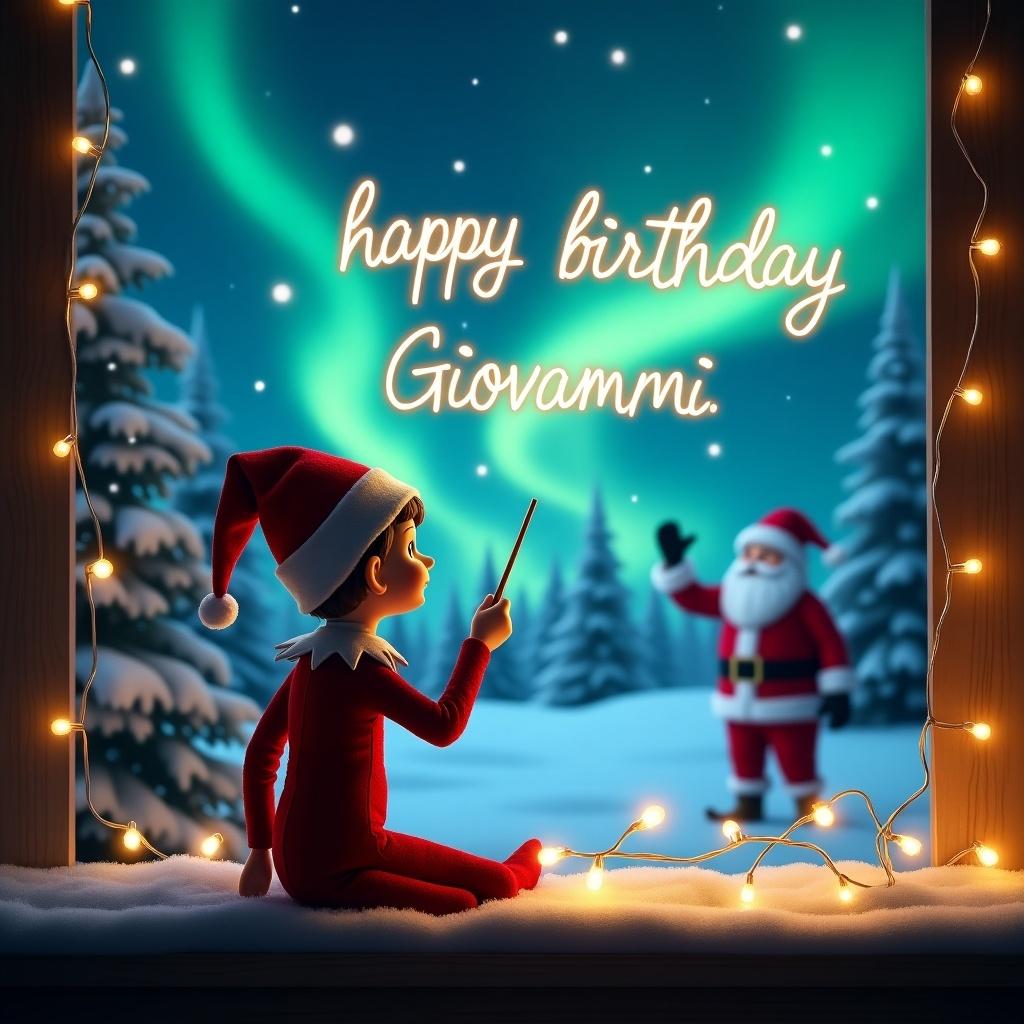 Magical Christmas scene featuring an elf on the shelf. The elf faces the sky, using a wand. Writing 'happy birthday' and 'Giovanni' in the air. Background has northern lights illuminating the night sky. Santa Claus is visible. Setting includes snow-covered trees and twinkling lights.