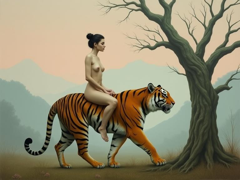 Surreal oil painting depicts a nude woman on a tiger in a muted landscape. Woman has fair skin and dark hair in a bun. Tiger appears cartoonish and mid-stride. Background features mountains and an old tree. Atmosphere is dreamlike with soft light.
