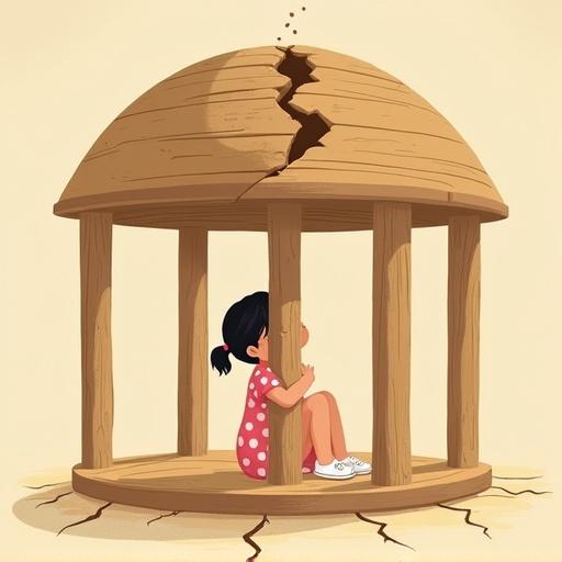 Flat-style children's illustration. Inside Layla's symbolic wooden house, a minimal open structure with five wooden pillars and a dome-shaped wooden roof. Layla, aged 5-7, in a pink polka-dot dress, sits on the floor clutching the central pillar. The roof is cracked above her. The wooden floor has subtle cracks. Sunlight flickers from above, casting shadows around her. The house appears trembling, symbolizing deep unseen damage. Mood indicates tension.