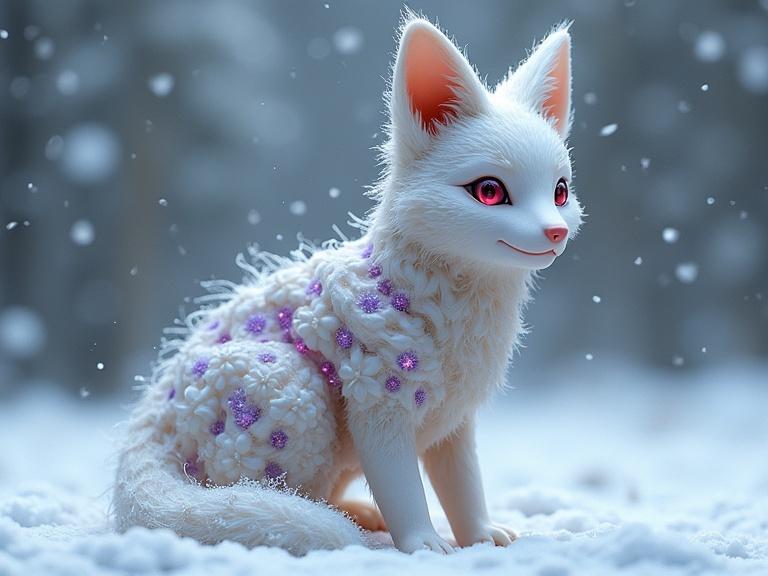 A towering adorable snow fox sculpted from marble stone. Intricate quantum network of helix-like structures. Translucent fluids pulse through glowing channels. Eerie symmetry with sinew and machinery. Unreal snowy background.