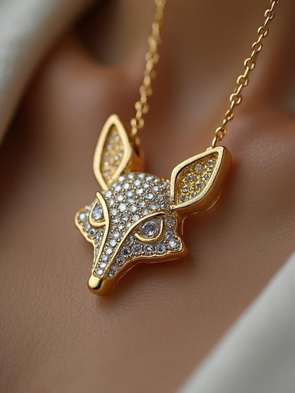 Jewelry design featuring a vintage-style necklace. A diamond-studded gold pendant in the shape of a fox with a matte finish in a prong setting. Displayed in a product view showcasing its intricate details.