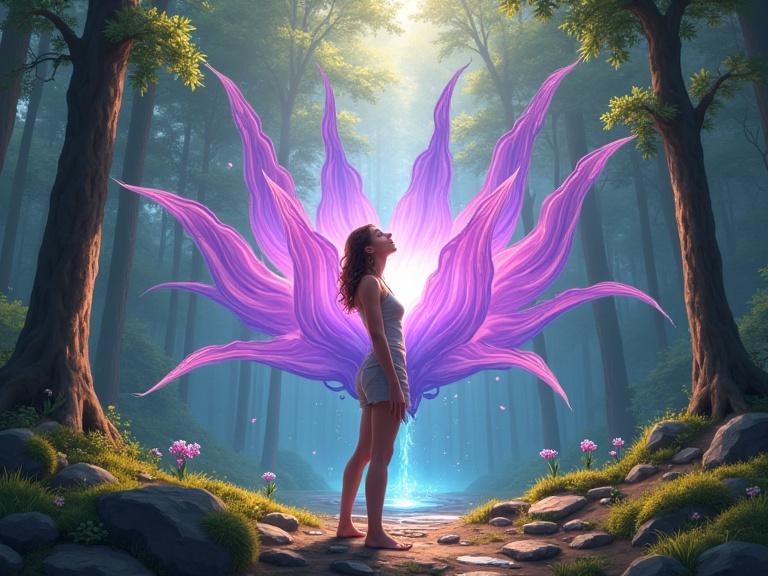 Create a vibrant surreal scene blending reality with fantasy. The scene features a young woman barefoot on rocky ground in a forest. She has wavy shoulder-length hair, wearing a light outfit. One arm raised towards a radiant entity behind her. Her face is upturned, expressing awe. The entity is a large, flower-like structure with vivid colors, long tendrils extending outward, glowing at the center, contrasting with the forest. The setting is lush with dappled sunlight and textured ground. The atmosphere conveys mystery, magic, and transformation.
