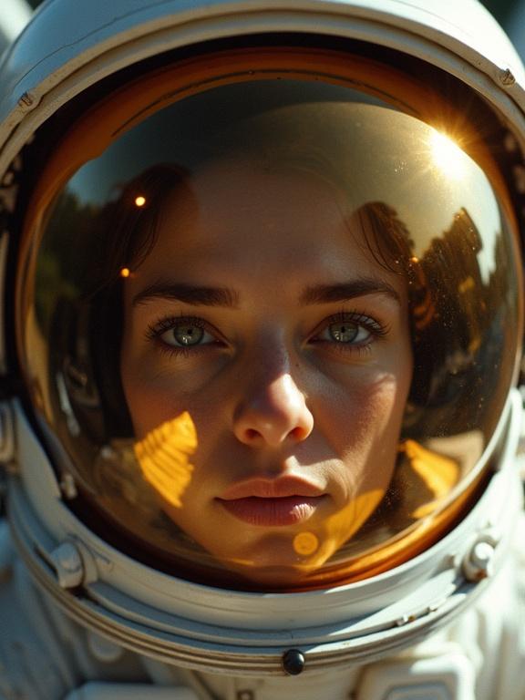 Close-up macro image of an astronaut's reflective helmet. The helmet has a curved gold-tinted visor. The astronaut's eyes are slightly visible through the visor. The shot focuses on the reflective surface in high-contrast lighting.