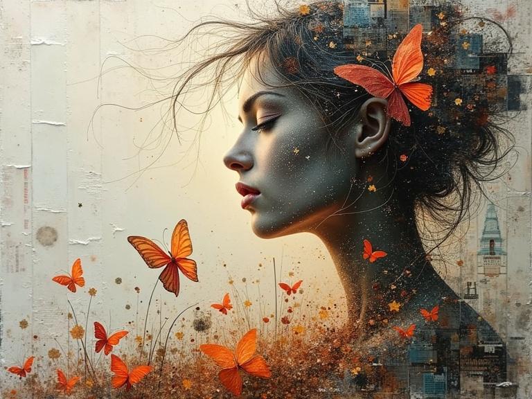 A profile of a woman surrounded by butterflies in a double exposure style. Artistic use of mixed media with textures and natural beauty elements. Luminous colors reflect depth and evoke emotions. Collage elements combined with nature.