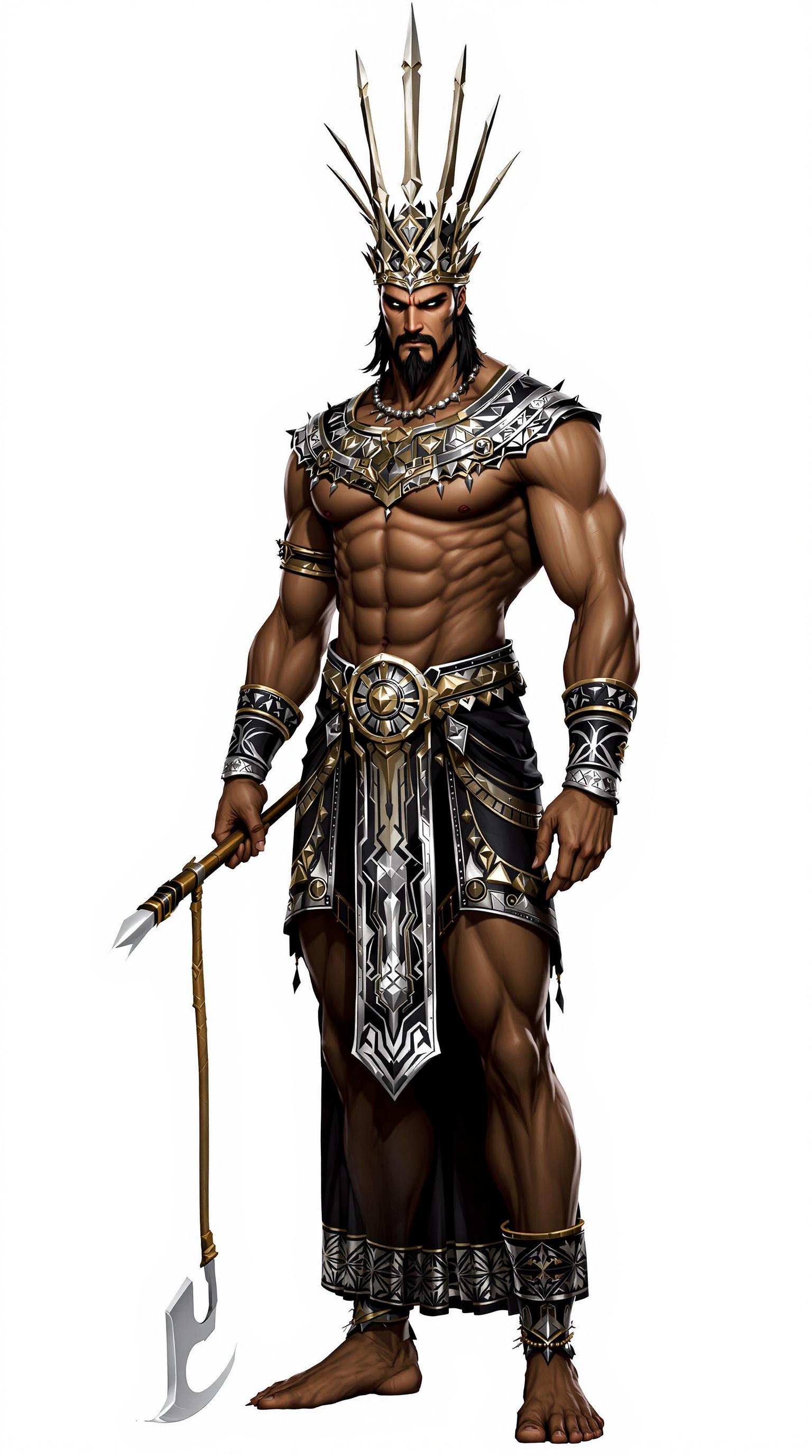 The image depicts a powerful fantasy character, a tall and imposing figure resembling a 35-year-old Indian man. He boasts an impressive, muscular build and is adorned in dark royal robes that feature intricate silver and gold patterns. His crown has a fierce and menacing design, which enhances his authoritative presence. In one hand, he wields a formidable mace, showcasing his strength and readiness for battle. The overall composition captures the essence of a mythical warrior, evoking feelings of awe and respect.