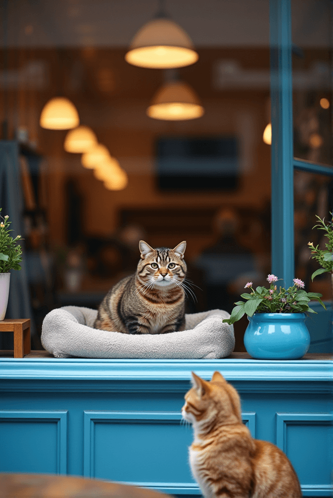 A tabby cat sits in a window on a cozy bed, observed by an orange cat outside, with potted plants and warm interior lighting inside.