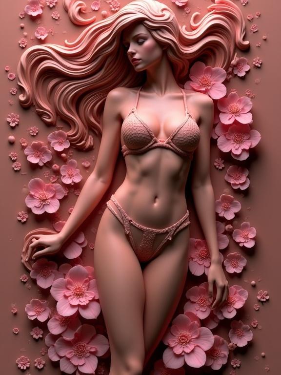 Chocolate sculpture of a nude woman. Highly detailed creation showcasing chocolate as an art medium. Beautiful composition with flowers. Stunning and magical art piece.