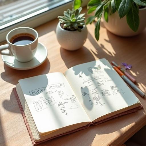Cozy morning scene. Cup of coffee on a table. Open notebook with doodles. Small plant nearby. Warm natural light from the window. Moodboard-style flat lay with pastel aesthetics. Texts related to morning routine.