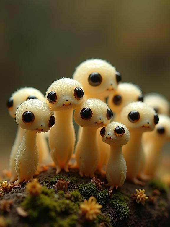 Surreal depiction of tiny, otherworldly creatures resembling sentient fungi. They are translucent, ivory in color, with large expressive eyes. The setting features rich moss textures and organic debris. Soft lighting creates a mystical atmosphere.