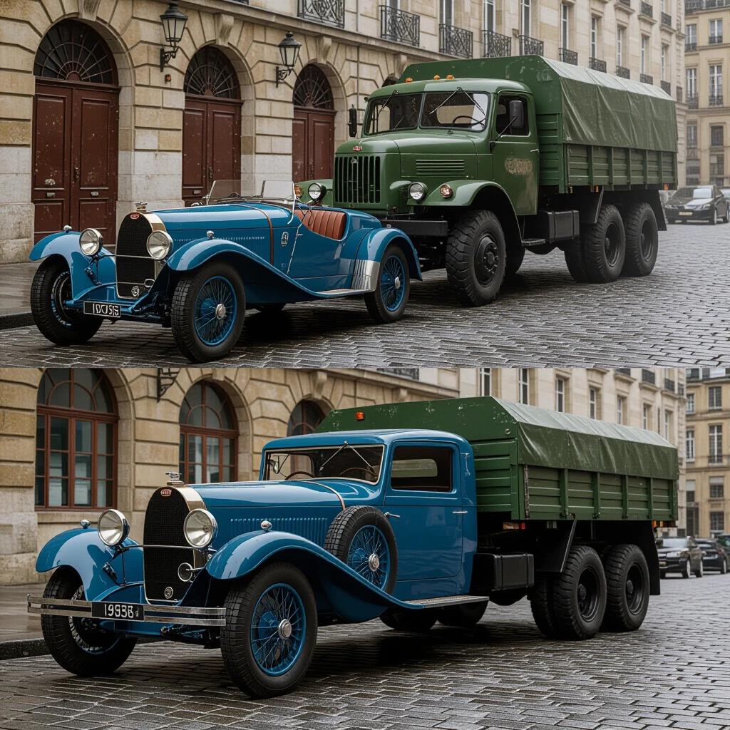 Photorealistic scene in Waterloo 2025. Rain-slicked cobblestones featuring a 1924 Bugatti Type 35 in French Racing Blue parked curbside beside a Soviet 6x6 Military Truck. Low-angle shot capturing the dramatic size contrast. Twilight atmosphere with post-rain mist and sodium-vapor lamp lighting. Bugatti exhibits polished chrome wheels and leather straps. Truck displays heavy rust and corroded fenders, delivering a visual mechanical contrast.
