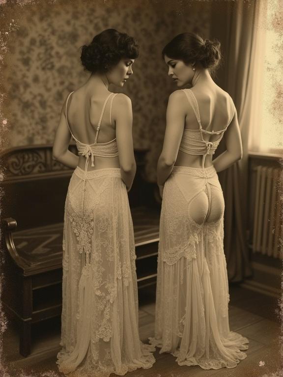 Two women in lace undergarments pose together. Vintage style from the 1920s. Soft-focus shot. Warm lighting creates a nostalgic feel. Dusty texture with worn edges. Faded colors and film grain enhance the vintage effect. Antique furniture adds character.