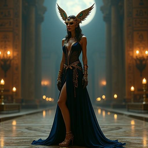 A hauntingly beautiful woman stands at an enchanted masquerade ball. Inspired by the Egyptian goddess Isis. She wears an ornate golden mask shaped like falcon wings. The mask has lapis lazuli and emeralds. Her gown clings to her figure in hues of black and gold. The gown has side splits revealing her thighs. Delicate sheer sleeves with golden motifs embrace her arms. She wears golden sandals. Hieroglyphs float nearby with soft magical sparks. The moonlight bathes her in illumination. She embodies regal elegance and dark enchantment.