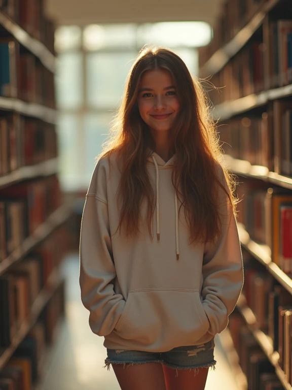 Photo features a teenage girl standing in a library. She wears a long hoodie and micro shorts. Library shelves filled with books surround her. Sunlight illuminates the scene creating a warm atmosphere.