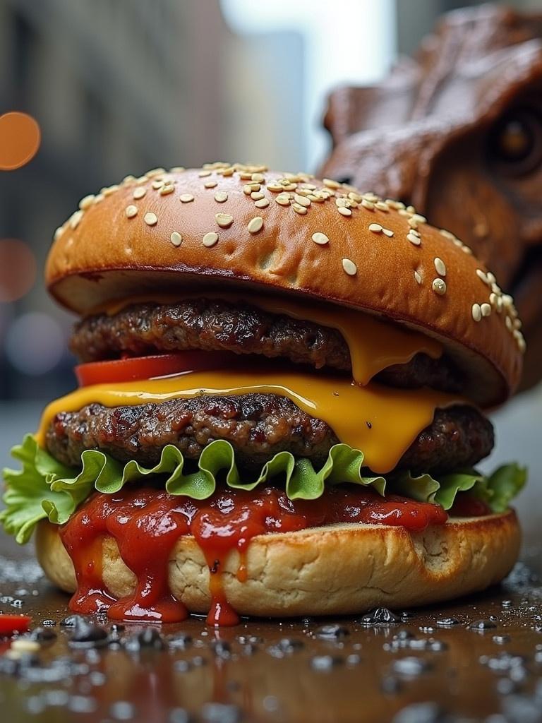 Realistic smash burger with two patties and cheese. Fresh lettuce and dripping ketchup. Bright urban setting. Dinosaur in the background adds humor. Focus on vibrant details and textures.