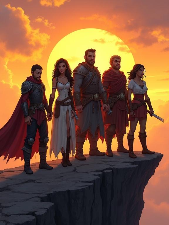 A group of five diverse characters stand on a cliff. A warrior, a rogue, a mage, a cleric, and a ranger. Golden hour backdrop with a large sun. Each character is lit by rimlight and deep shadows. They display expressive faces and stylized poses. Semi-realistic anatomy is depicted with graphic novel linework. The style is adult cartoon inspired with painterly details.