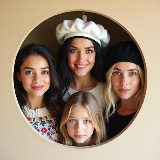Four women with blue eyes and variegated hair colors in a circular opening. One wears a white beret and another wears a black beret. One woman is younger and wears black. All have folk-style clothing. Women appear excited and surprised while looking at the viewer. The background is beige.