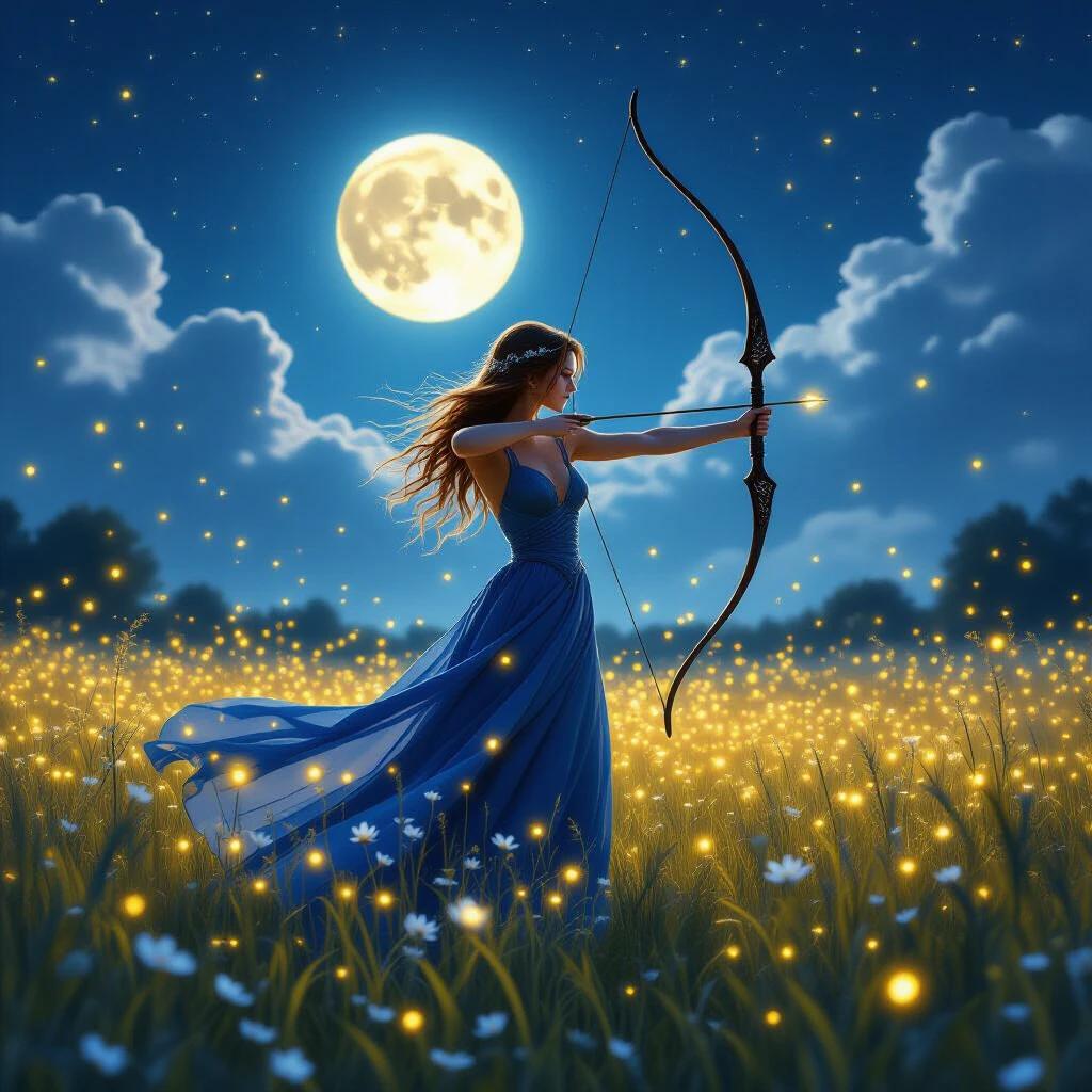 A moonlit archer stands in a glowing meadow of wildflowers. Long sapphire gown flows in the wind. She draws a bow of black silver. Surrounded by thousands of golden fireflies. Brilliant full moon framed by soft clouds. Fantasy realism style with a dreamy atmosphere.