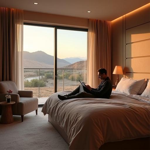 Elegant cabin with views. Light wood walls with beige leather and marble details. Warm light. A large window shows the sunset landscape. A person is seated on the bed, looking relaxed, browsing a river guide or tablet. A small table has fresh flowers, VOSS water, and a welcome kit.
