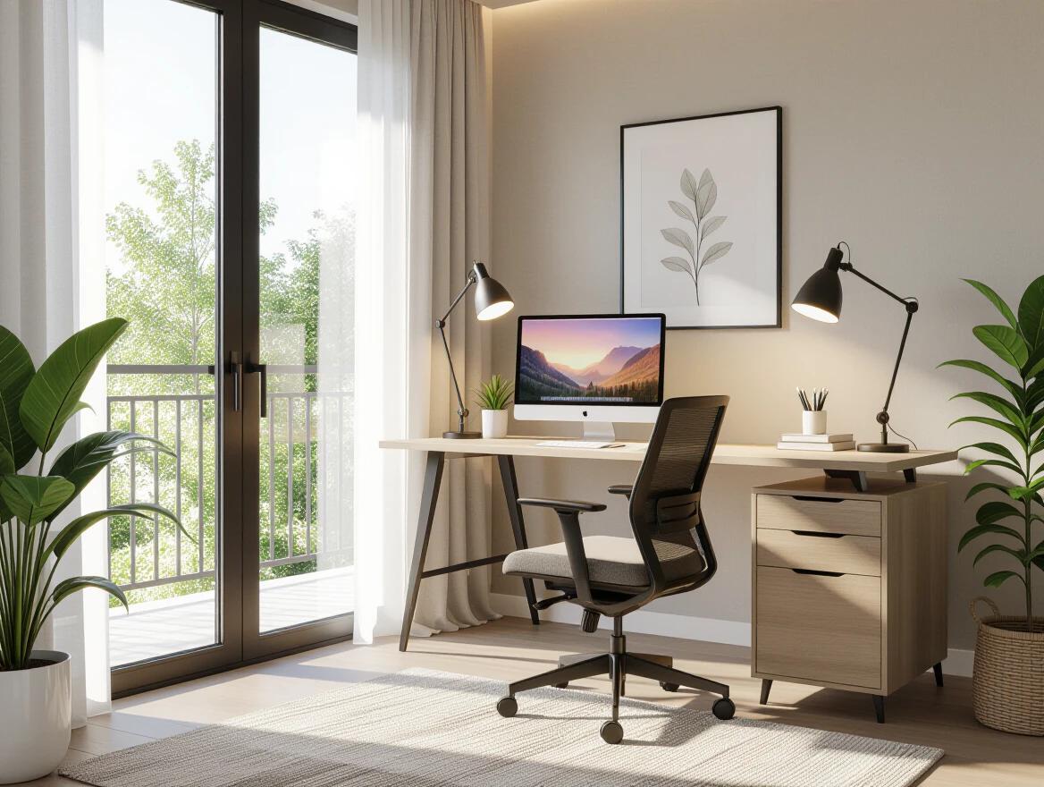 A modern work from home studio with a clean desk setup. Features one monitor and an ergonomic chair. Soft natural indoor lighting combined with warm ambient lights. Includes a large window with a clear view of trees outside. Organized and minimalist workspace with neutral colors. Soft shadows and indoor plants for freshness. Photorealistic 8k interior rendering with a clean floor creating a professional atmosphere.
