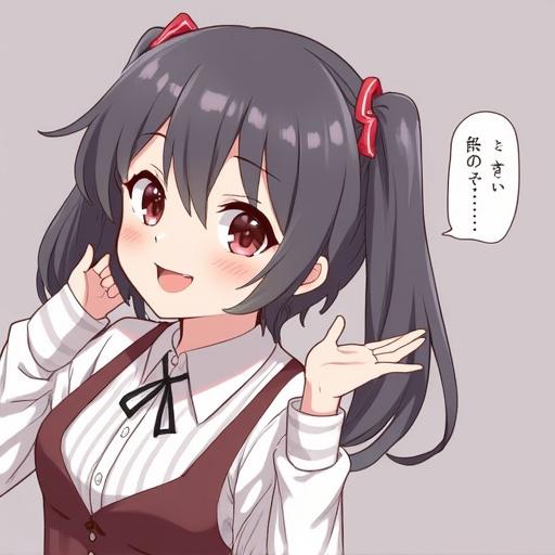 A cute female anime character with long black hair wearing a school outfit. She has a friendly smile and is gesturing with her hand. The background is simple and light.