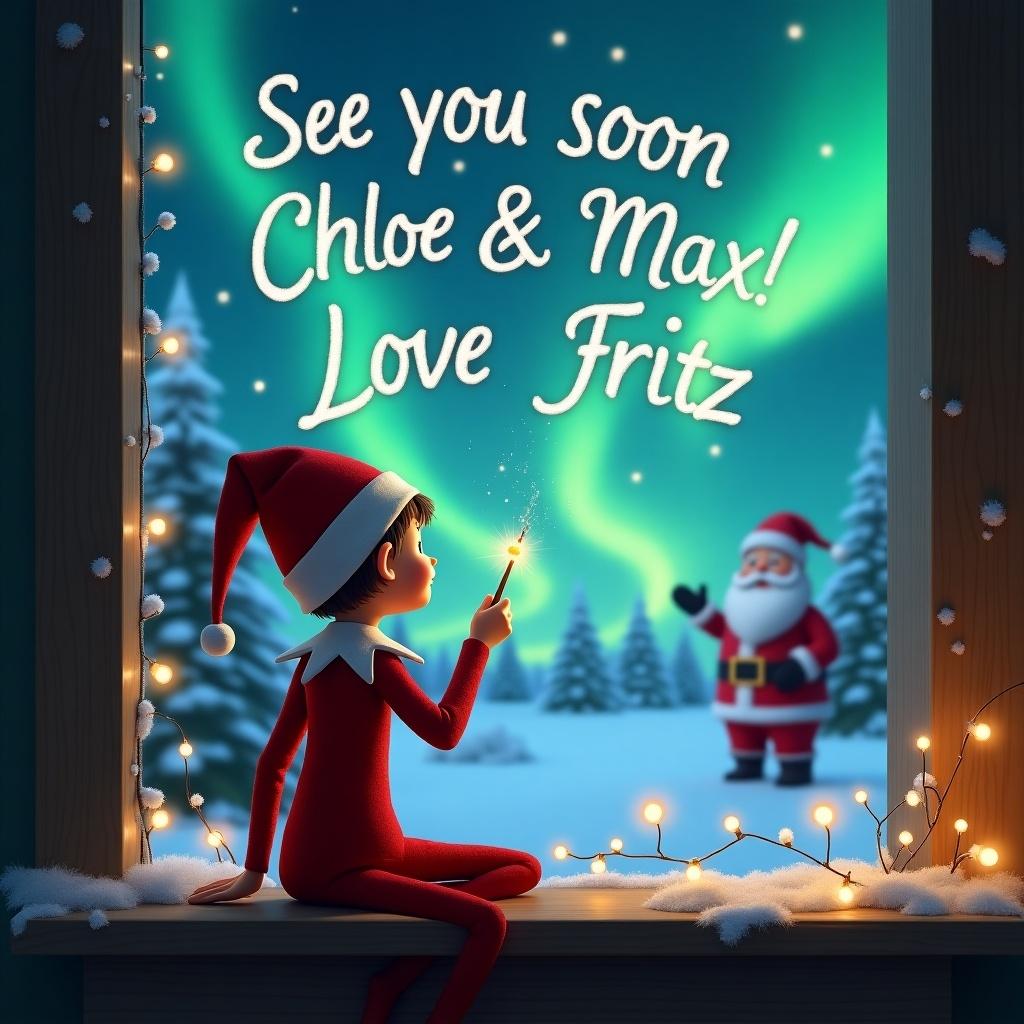 An elf on the shelf sits with his back to the viewer, gazing out at a magical Christmas scene. He holds a wand, creating the words 'See you soon Chloe & Max! Love Fritz' in the night sky. The background features stunning northern lights and Santa waving in the distance. Snow blankets the ground, enhancing the festive atmosphere. Fairy lights decorate the window frame, adding warmth to the holiday scene. This illustration evokes a sense of wonder and joy, perfect for the Christmas season.