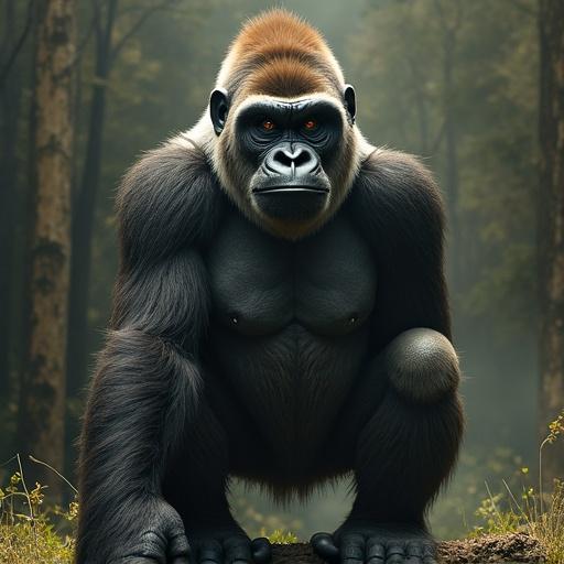 Gorilla sitting in a natural habitat. It has a strong physique. The body is prominently displayed. Nature surrounds the scene. No signs of junk or distractions nearby.