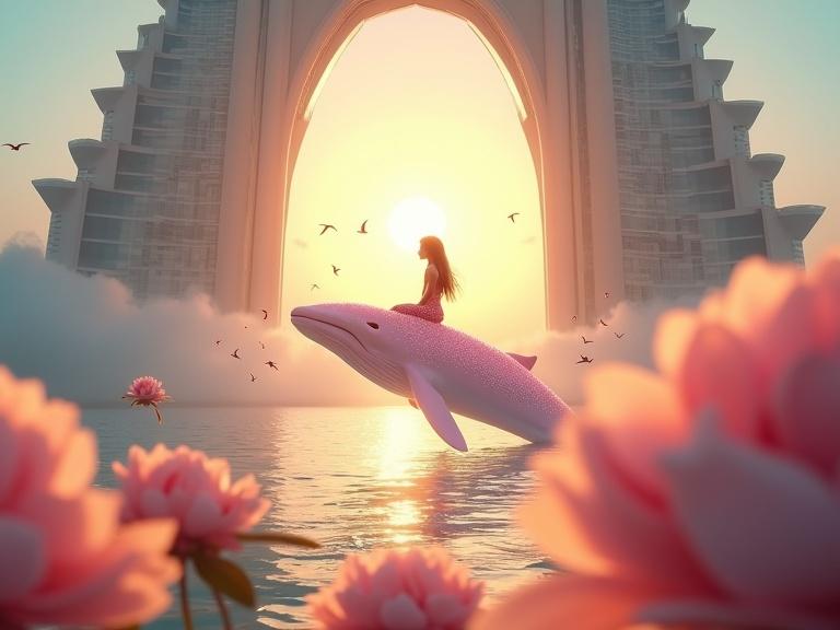 Surreal scene in Atlantis The Palm with glowing sun behind central arch. Whale emerges into the sky with serene girl on back. Large peony flowers surround water. Warm light with pastel tones and filmic haze. Soft depth of field highlights hotel and clouds.