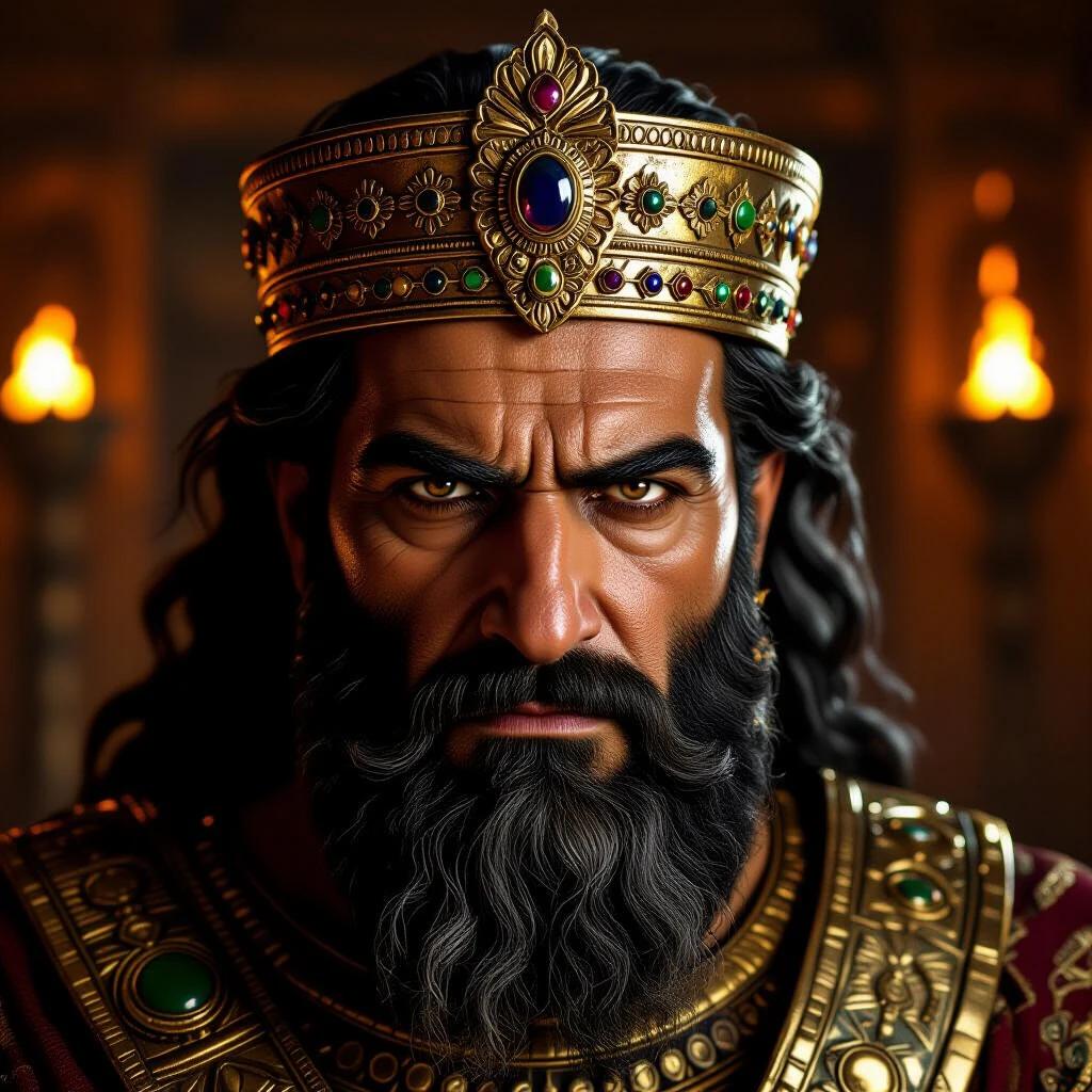 Close-up portrait of Namrud. Older man with broad shoulders. Olive skin and thick black beard streaked with gray. Dark eyes showing arrogance. Wearing a crown with jewels. Expressing pride. Blurred background of throne room with warm torchlight. Sharp focus on details.