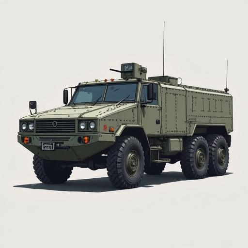 Stylized illustration of Tigr AMN vehicle. Vehicle is parked and static. Blocky shape with clean edges. Simple flat colors with no shading. Detail includes rivets and distinct panels. Background is plain light grey for contrast.