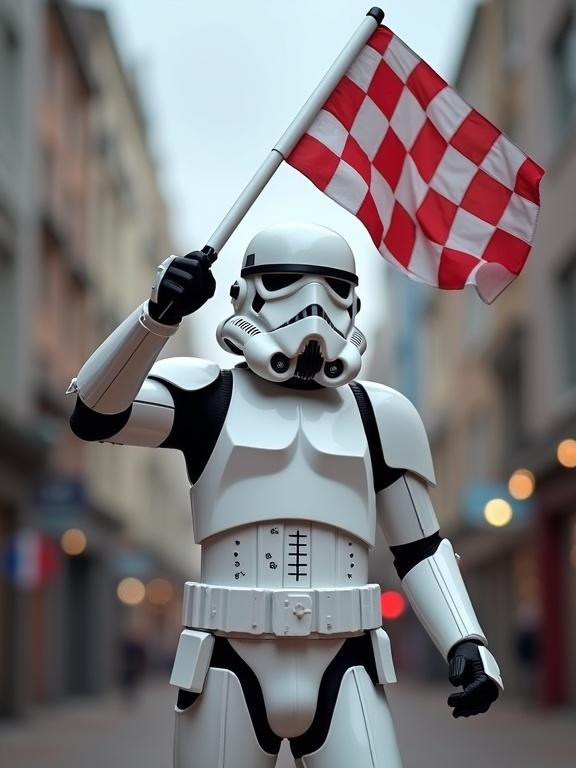 Stormtrooper waving a red and white checkered flag. City street in the background. Focus on the Stormtrooper's armor and expression. Soft lighting creates a vibrant yet subdued atmosphere.