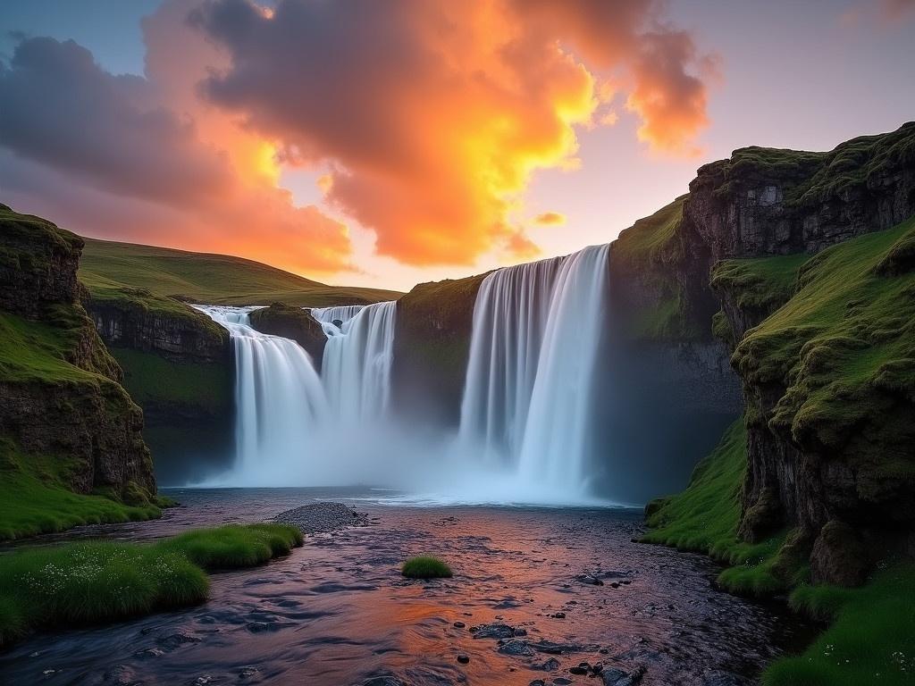 Seljalandfoss waterfall in Iceland during summer. The scene captures the vibrant colors of sunset reflected in the water cascades. The waterfall is framed by lush greenery and rugged cliffs. Dramatic skies with clouds allow golden sunlight to peek through, creating a warm atmosphere around the landscape. This is a high dynamic range image, showcasing the beautiful contrasts between light and shadow.