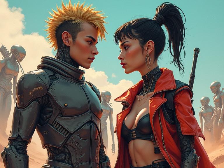 Realistic fantasy portrait of a punk warrior girl and her android boyfriend. Alien forms visible in the background. Vibrant dynamic style inspired by Enki Bilal and Moebius.