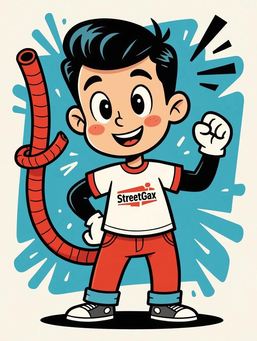 Cartoon character from 1930s vintage rubber hose animation style. Hand-drawn 2D look, thick black outlines, round limbs, expressive eyes. Character displays confidence in a dynamic pose wearing streetwear with 'StreetGax' logo. Bright colors and clean lines on a plain background.