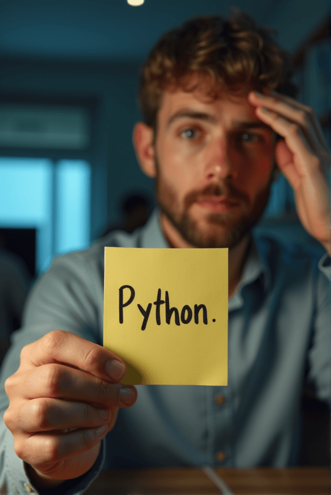 A person holds a yellow sticky note with 'Python' written on it while appearing thoughtful in a dimly lit room.